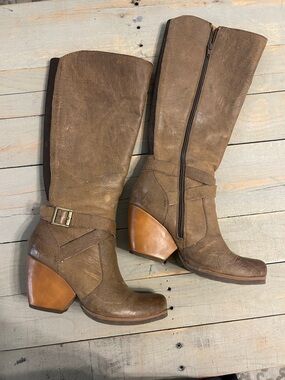 Kork-Ease Brown Leather Mid-Calf Heel Boots with Buckle